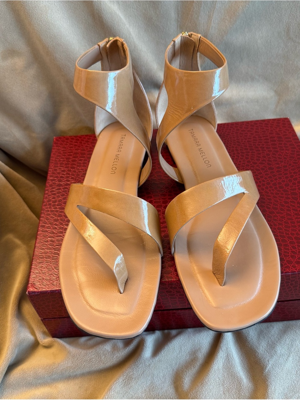 Tamara Mellon Beige Patent Leather Ankle-Strap Sandals